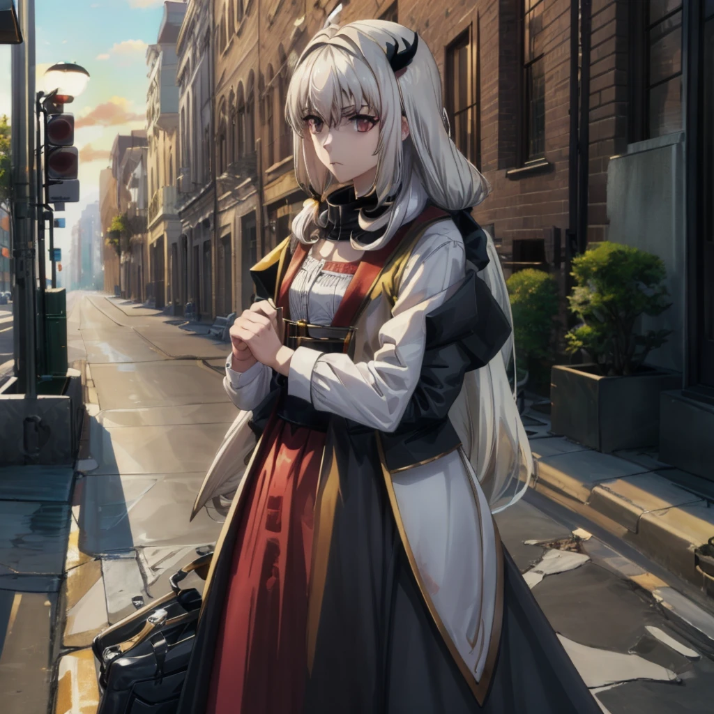 Ultra Quality, Shiny Skin, Atmospheric, 8K, Cinematic, ((Street background)), BREAK, ((Long White Hair)), narrowed black eyes, long black dress, fingers crossed, Sunglasses