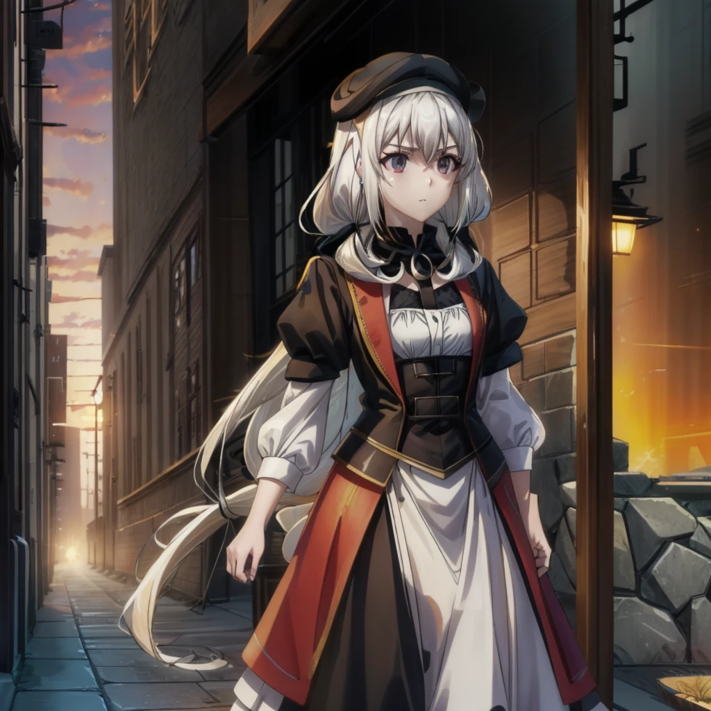 Ultra Quality, Shiny Skin, Atmospheric, 8K, Cinematic, ((Street background)), BREAK, ((Long White Hair)), narrowed black eyes, long black dress, fingers crossed, Sunglasses