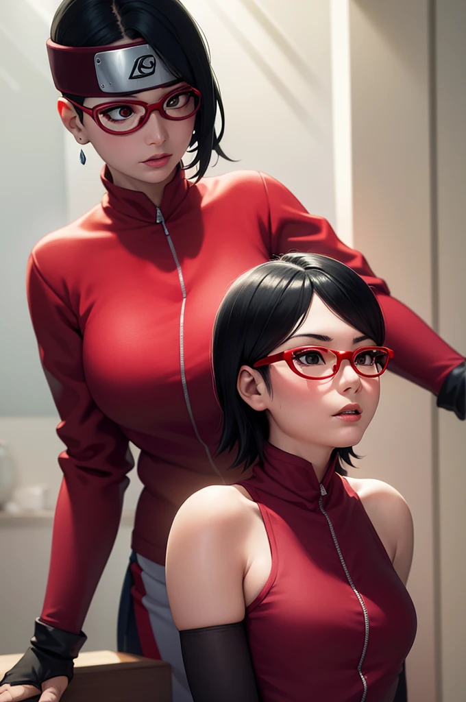 (highres,masterpiece:1.2),ultra-detailed,realistic,professional,beautiful detailed eyes,beautiful detailed lips,dark hair,short black hair,red glasses,stunning black eyes,clear skin,18-year-old girl,fashionable short hairstyle,vibrant red glasses,Shinobi Academy,fierce determination,confident posture,crimson outfit,intense gaze,background filled with ninjutsu techniques,shadows cleverly accentuating her features,subtle studio lighting,sublime realism,striking color tones