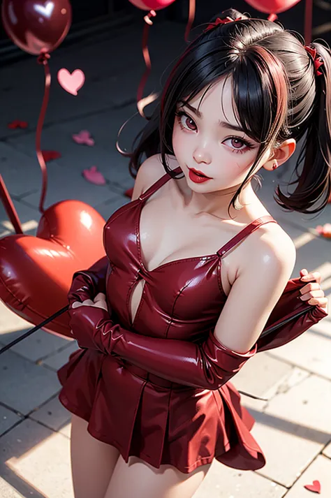 little devil, heart-shaped tail, mature expression, eyeliner, sticking out tongue, shy, swing, little devil的可爱装扮, red lipstick, ...