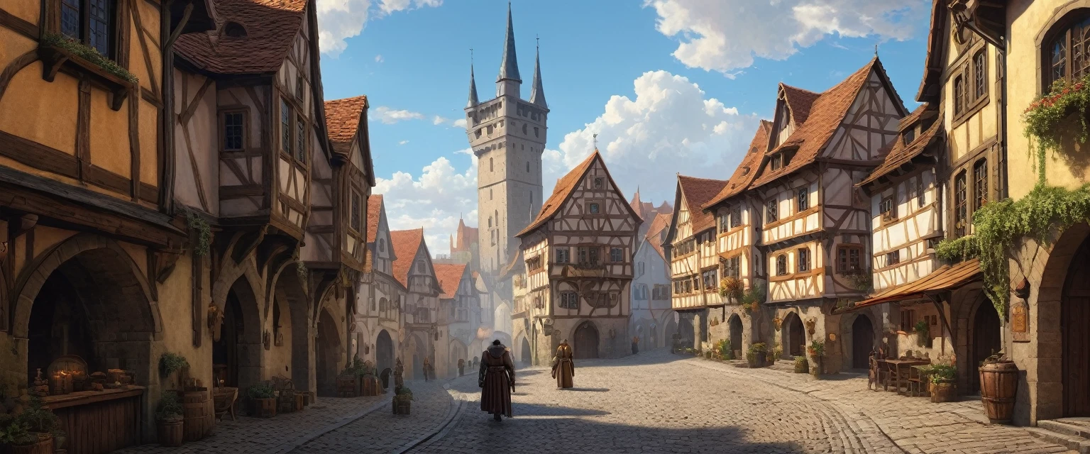 

((​masterpiece, high quality, artgerm, artstation, beautiful)), there is a painting of a man walking down a street in a medieval town, medeival Fantasiestadt, medieval town, medieval town, A busy, magical city, medieval fantasy art, Fantasiestadt setting, in a medieval town, medieval fantasy gaming, a medieval town, Fantasiestadt, medieval town landscape, medieval fantasy illustration, Burgstadt, Fantasy cityscape, inspired by michael whelan, andreas rocha, john howe, mœbius