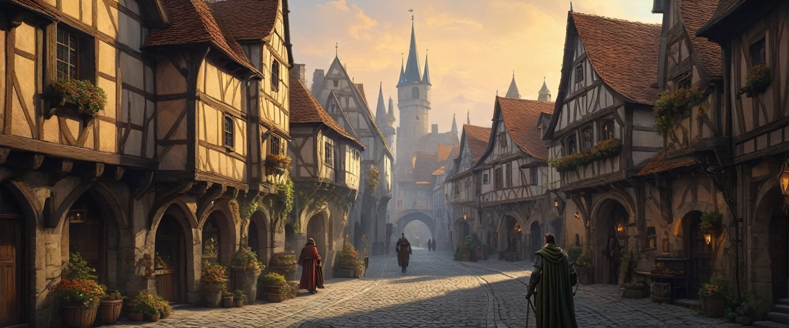 

((​masterpiece, high quality, artgerm, artstation, beautiful)), there is a painting of a man walking down a street in a medieval town, medeival Fantasiestadt, medieval town, medieval town, A busy, magical city, medieval fantasy art, Fantasiestadt setting, in a medieval town, medieval fantasy gaming, a medieval town, Fantasiestadt, medieval town landscape, medieval fantasy illustration, Burgstadt, Fantasy cityscape, inspired by michael whelan, andreas rocha, john howe, mœbius