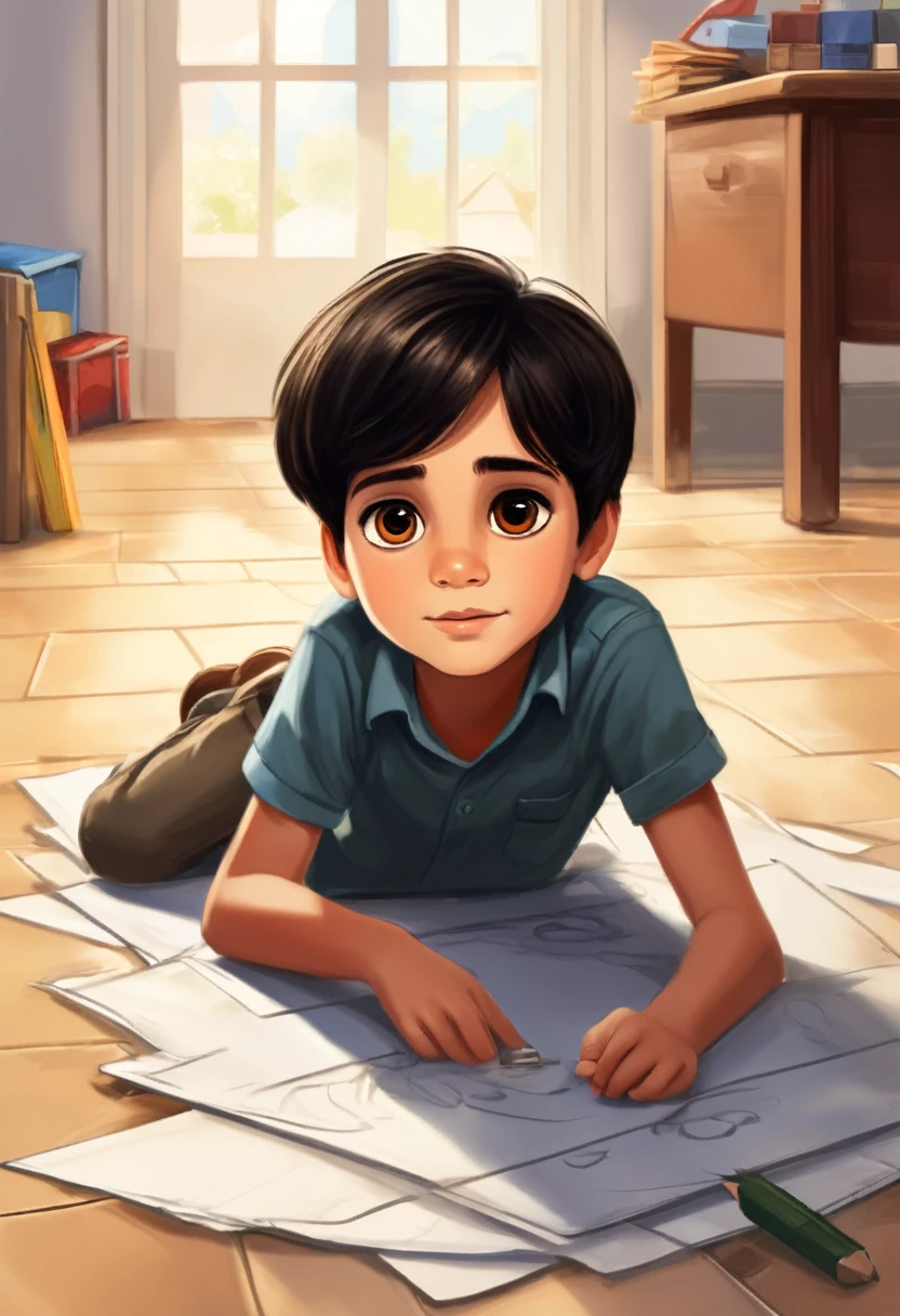 Make a picture of a seven year old boy with dark black hair and brown eyes, lying on the floor drawing