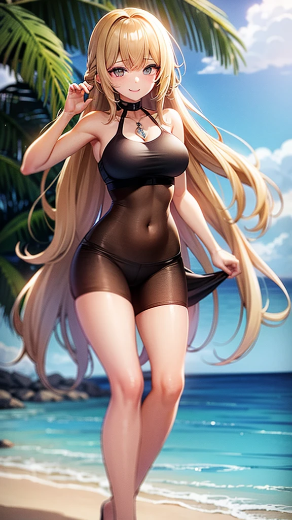 young girl, long pink hair, blue eyes, smirk, full body, high quality, 4k, HD, Good detailed, white skin, cute, detailed skin texture, glistening skin, detailed beautiful and delicate face:1.3, bikini, padded Crop Top, big natural breast, narrow waist, detailed hair with bangs, detailed long messy hair:1.3, random hairstyle, blonde hair, Smiling:1.2, she feels hot and sweating, standing in the beach