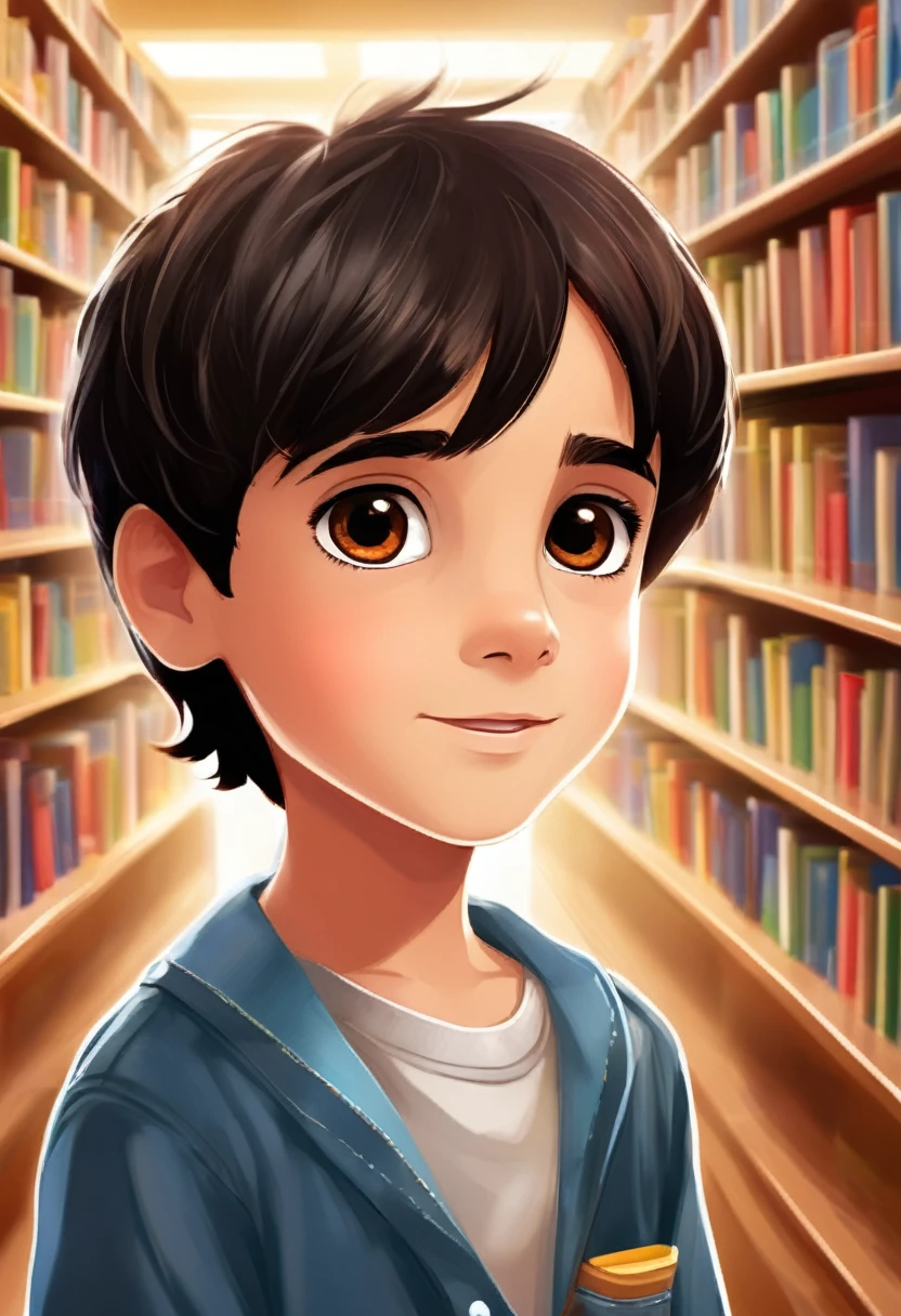 Make a picture of a seven year old boy with dark black hair and brown eyes, in a library