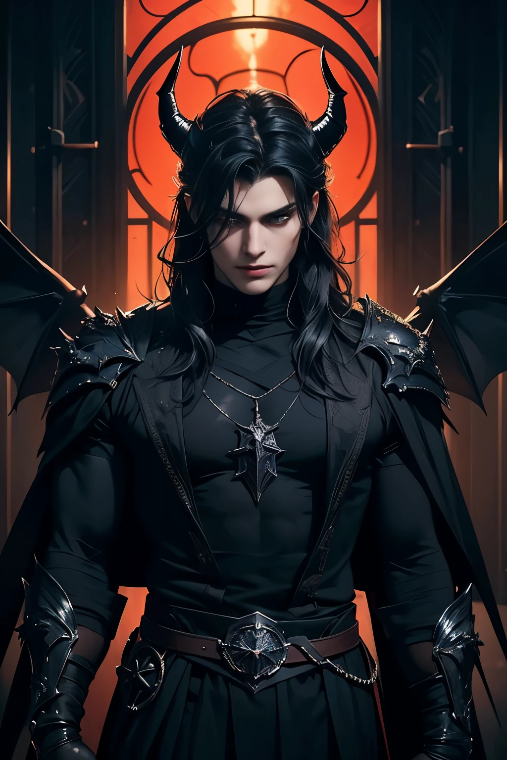 ((Best quality)), ((masterpiece)), 8k (detailed), ((perfect face)), perfect proporcions, ((halfbody)) he is a sorcerer, he is 18 years old, he dresses in a wizard's robe, gothic style, he has orange eyes, he has long wavy black hair, he is in a witcher's hut, he is strong and muscular, he has the bare torso, he is a demon ((perfect face)) sexy male, gothic make up ((fullfbody)) two man, black hair, he has demon wings, he has black horns, horns, demon