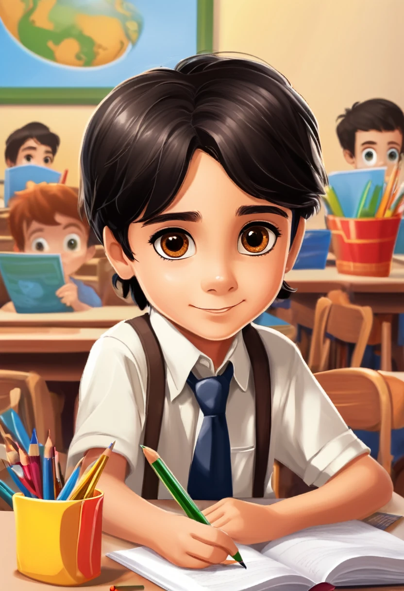 Make a picture of a seven year old boy with dark black hair and brown eyes, at school studying