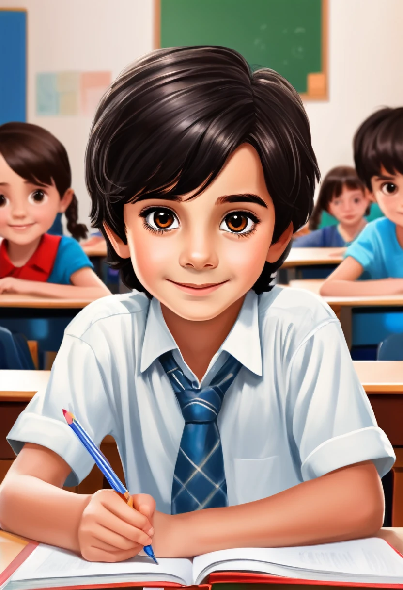 Make a picture of a seven year old boy with dark black hair and brown eyes, at school studying