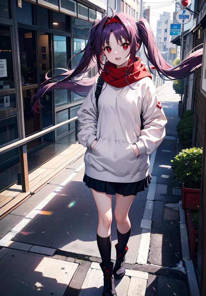 yuukikonno, Konno Yuuki, Long Hair, Pointed Ears, Purple Hair, (Red eyes:1.5), (Small breasts:1.2), Open your mouth,happy smile, smile, Open your mouth,hair band,low twin tail,Red Scarf,Oversized purple hoodie,Long skirt,Black pantyhose,short boots,He has his hands in his hoodie pockets.,snowが降っている,snowが降り積もっている,snow,snow,snow,snow,winter,Cold night,Walking,whole bodyがイラストに入るように,Looking down from above,
break looking at viewer,  whole body,
break outdoors, In town,
break (masterpiece:1.2), Highest quality, High resolution, unity 8k wallpaper, (figure:0.8), (Beautiful attention to detail:1.6), Highly detailed face, Perfect lighting, Highly detailed CG, (Perfect hands, Perfect Anatomy),