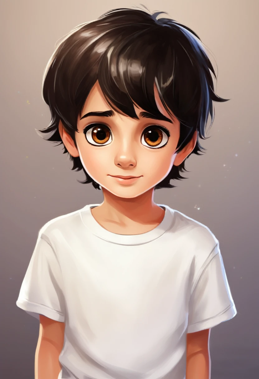 Make a picture of a seven year old boy with dark black hair and brown eyes, studying dressed in white t-shirt