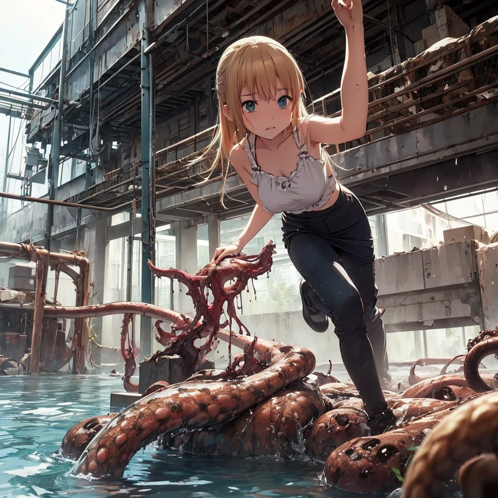 Girl captured by tentacles in abandoned factory、Tentacles in a skirt、Pants fabric texture、Watery eye、shout、Get wet、Reluctant、run away