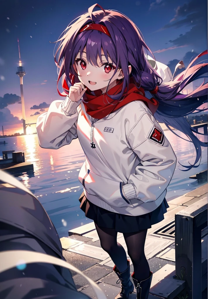 yuukikonno, Konno Yuuki, pelo largo, orejas puntiagudas, cabello purpura, (ojos rojos:1.5), (senos pequeños:1.2), abre la boca,happy sonrisa, sonrisa, abre la boca,banda para el cabello,cola gemela baja,bufanda roja,Sudadera con capucha violeta oversize,Falda larga,pantimedias negras,botas cortas,Tiene las manos en los bolsillos de la sudadera con capucha..,nieveが降っている,nieveが降り積もっている,nieve,nieve,nieve,nieve,invierno,Noche fria,Caminando,todo el cuerpoがイラストに入るように,mirando hacia abajo desde arriba,
descanso mirando al espectador,  todo el cuerpo,
descansar al aire libre, En la ciudad,
break (obra maestra:1.2), de la máxima calidad, Alta resolución, fondo de pantalla de unidad 8k, (cifra:0.8), (Hermosa atención al detalle:1.6), Cara muy detallada, Iluminación perfecta, CG muy detallado, (manos perfectas, anatomía perfecta),