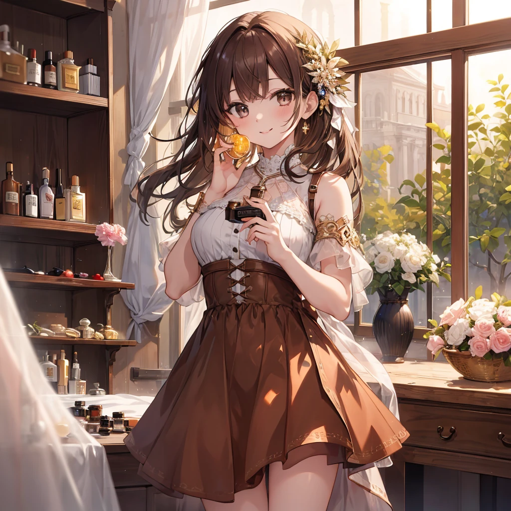 ((masterpiece,Highest quality)), 4K, High resolution, One girl, alone, smile, Brown dress, (Perfumer&#39;s Outfit 2:1.2), 