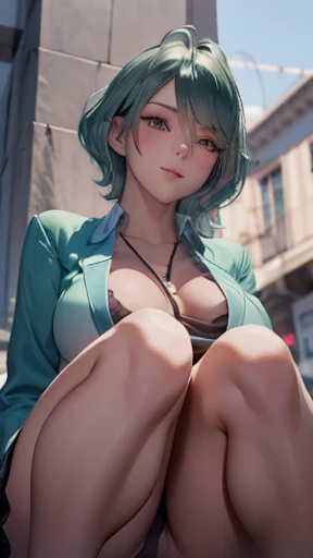 Big Breasts, smile, Lace panties, sexy thighs, Light blue panties, Green Hair, Wavy short hair, Purple blazer, Black tight skirt, street, Dress shirt, Downtown, Side angle, , Thighs Sitting with legs to the side