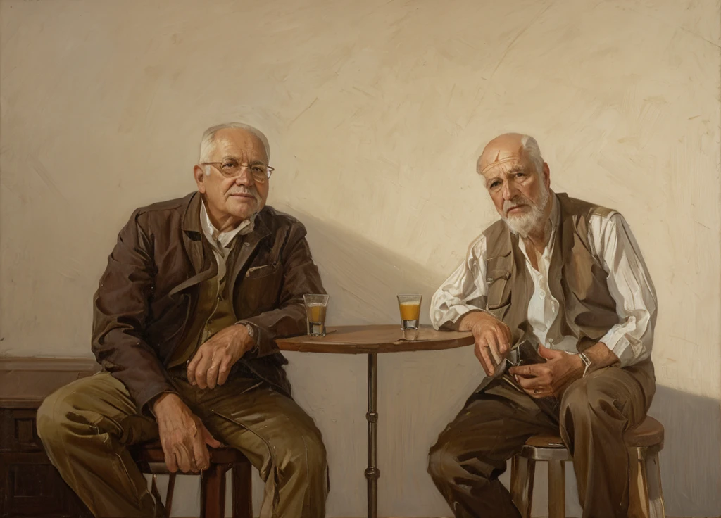 Oil painting of two old men sitting ((best work of art)) ((two elderly men)) ((White background)) bar table, whiskey shots, Brown hair, modern, current white background, Nick Alm, by Andrea Pozzo, Jeremy Lipking, range murata Jeremy Lipking, by Carlo Mense, inspired by Enrique Simonet, sargento marshénnikov, by Michael Ford, krenzcushart, Jeremy Lipking full length shot, by Josep Rovira Soler