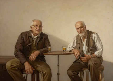 Oil painting of two old men sitting ((best work of art)) ((two elderly men)) ((White background)) bar table, whiskey shots, Brow...