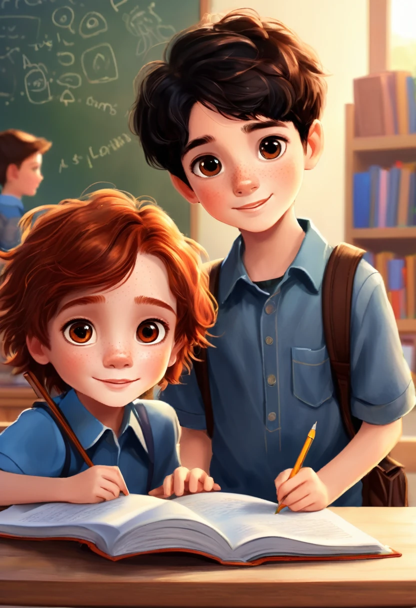 Make a picture of a seven year old boy with dark black hair and brown eyes, studying at school with a freckled redhead friend