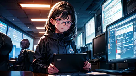 A girl with glasses writes code on a computer ,sf