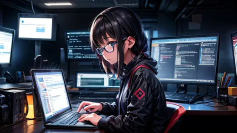 A girl with glasses writes code on a computer ,sf