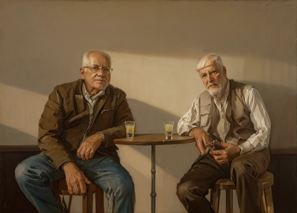 Oil painting of two old men sitting ((best work of art)) ((two elderly men)) ((White background)) bar table, whiskey shots, Brown hair, modern, current white background, Nick Alm, by Andrea Pozzo, Jeremy Lipking, range murata Jeremy Lipking, by Carlo Mense, inspired by Enrique Simonet, sargento marshénnikov, by Michael Ford, krenzcushart, Jeremy Lipking full length shot, by Josep Rovira Soler