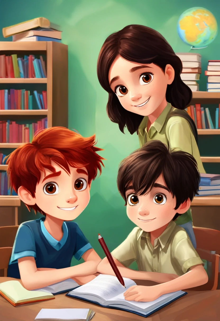 Make a picture of a seven year old boy with dark black hair and brown eyes, studying at school with a red-haired friend