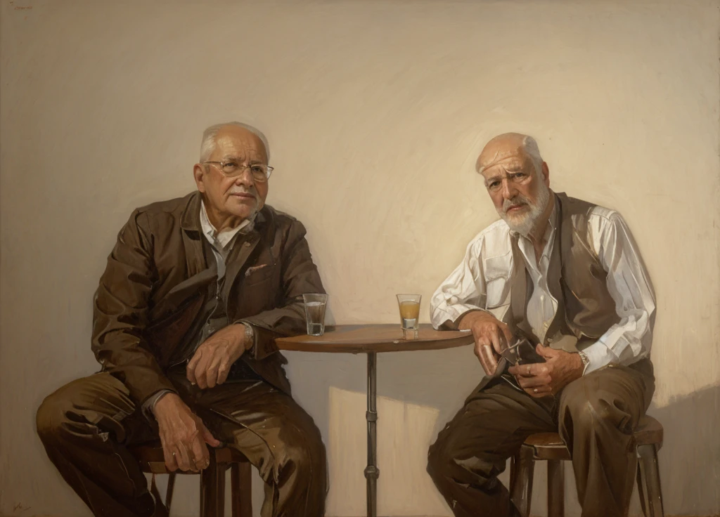 Oil painting of two old men sitting ((best work of art)) ((two elderly men)) ((White background)) bar table, whiskey shots, Brown hair, modern, current white background, Nick Alm, by Andrea Pozzo, Jeremy Lipking, range murata Jeremy Lipking, by Carlo Mense, inspired by Enrique Simonet, sargento marshénnikov, by Michael Ford, krenzcushart, Jeremy Lipking full length shot, by Josep Rovira Soler
