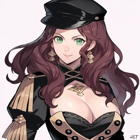 score_9, score_8_up, score_7_up, source_anime, dorothea (fire emblem), bust shot, mldortgm, black headwear, (black uniform), bro...