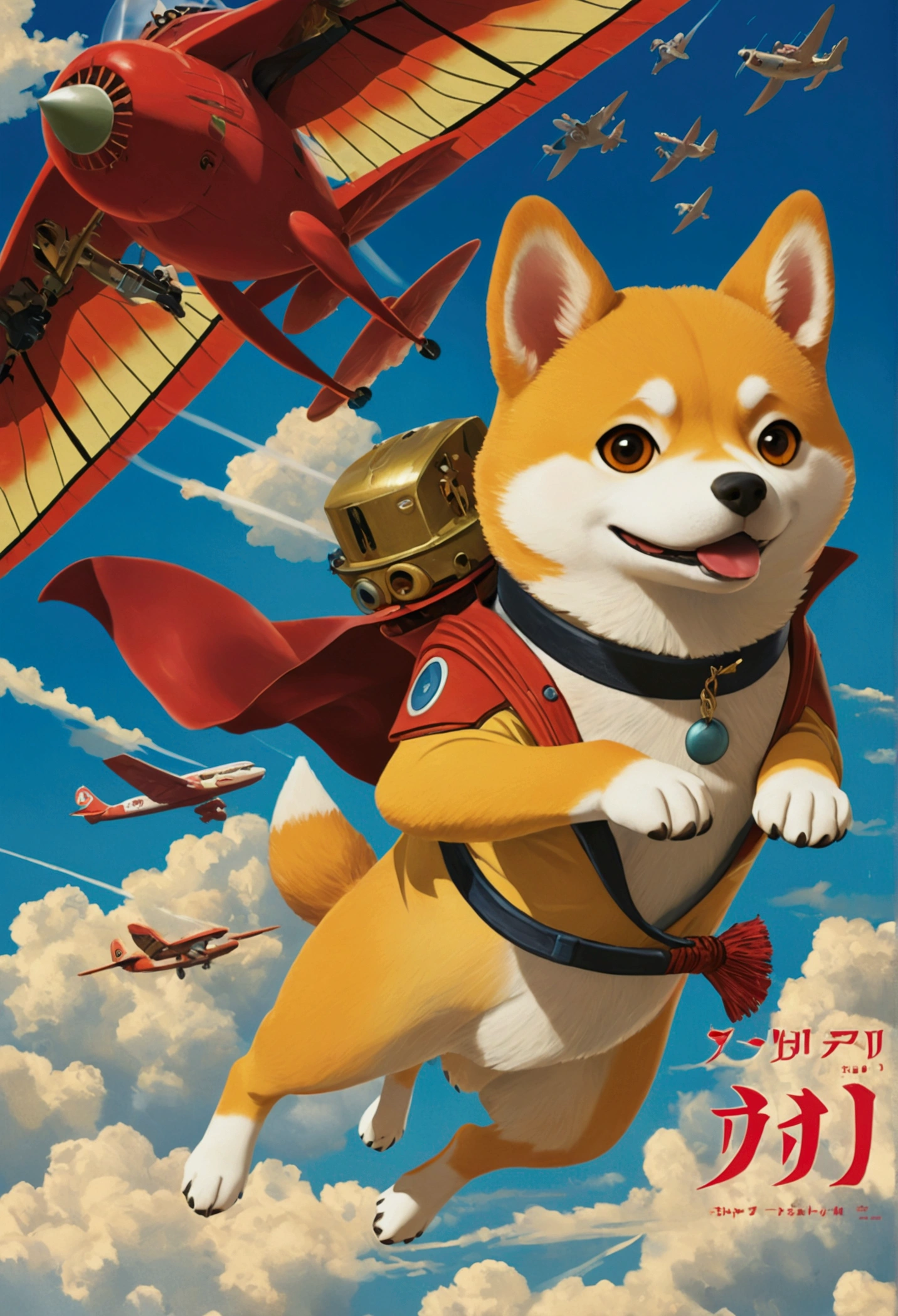 Ghibli　fly in the sky　Shiba Inu