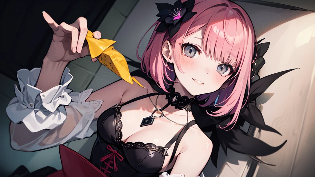 A masterpiece of artistic excellence, this illustration is of the highest quality and resolution. The image depicts a young woman with pink hair and grey eyes, her hair cut short and decorated with a single flower. She wears a gothic-inspired dress, and her breasts are small in size. The woman gives a sweet wink, adding to her allure.
