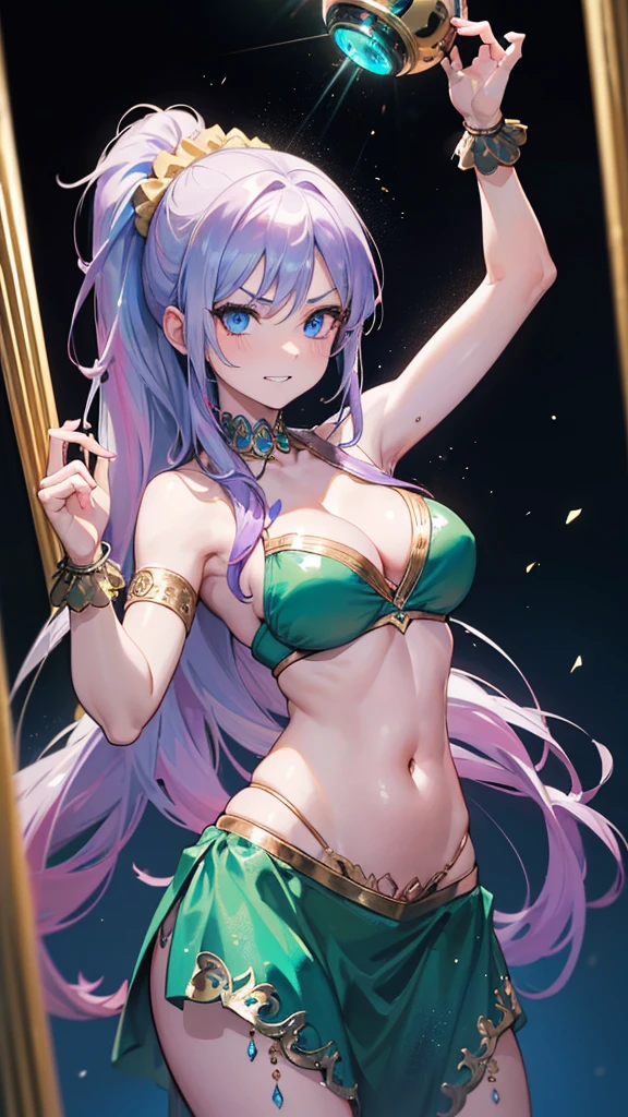 Best quality, Ultra detailed, best quality, insanely detailed, beautiful, masterpiece, 8k, 
break  
Colorful background, refraction Glowing white lines ,Crossing Light,light particles
break 
1lady, purple hair, long hair, high ponytail, (hair scrunchie :1.2) , green scrunchie,blue eyes, ultra detailed eyes,(bellydancer:1.5)purple clothes,abs, navel, Showcasing cleavage, (shamshīr on hand:1.5)
Break
upper body, (great joy;1.5), (evil grin:1.2), ,(scowl:1.1), (stare at viewer:1.5), ,(ecstasy:1.3) ,(vulgarity:1.3),(wet:0.8),(drooling:0.6),(sweat:0.8),