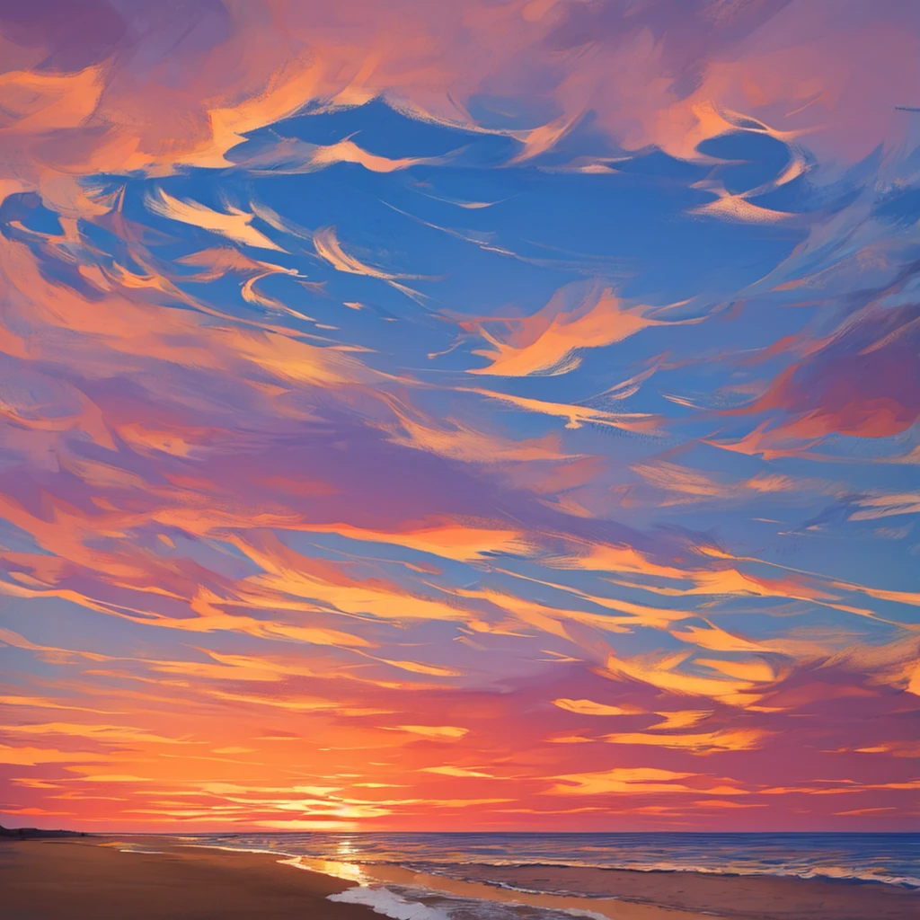 Sunset sky, sandy beach  