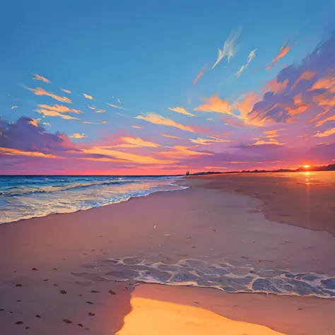 Sunset sky, sandy beach  