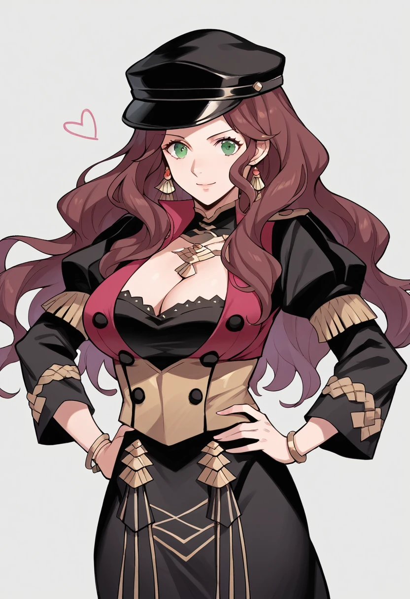 score_9, score_8_up, score_7_up, source_anime, Dorothea (Fire Emblem), black headwear, black skirt, (black long-sleeve uniform), brown hair, dangle earrings, gold trim, green eyes, jewelry, large breasts, long hair, black peaked cap, black hat, looking at the viewer, smile, closed mouth, hands on hips