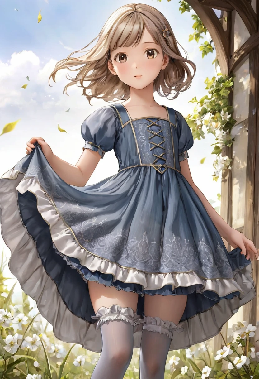 10 year old girl underwear, Realistic bloomers made from patterned cotton fabric, Medieval one-piece dress with panniers, Fabric Realism, Low - Angle, I see bloomers, Pull up the dress by hand, Strong winds, Translucent slip, Translucent slip, tights, Highest quality, Crotch close-up, whole body
