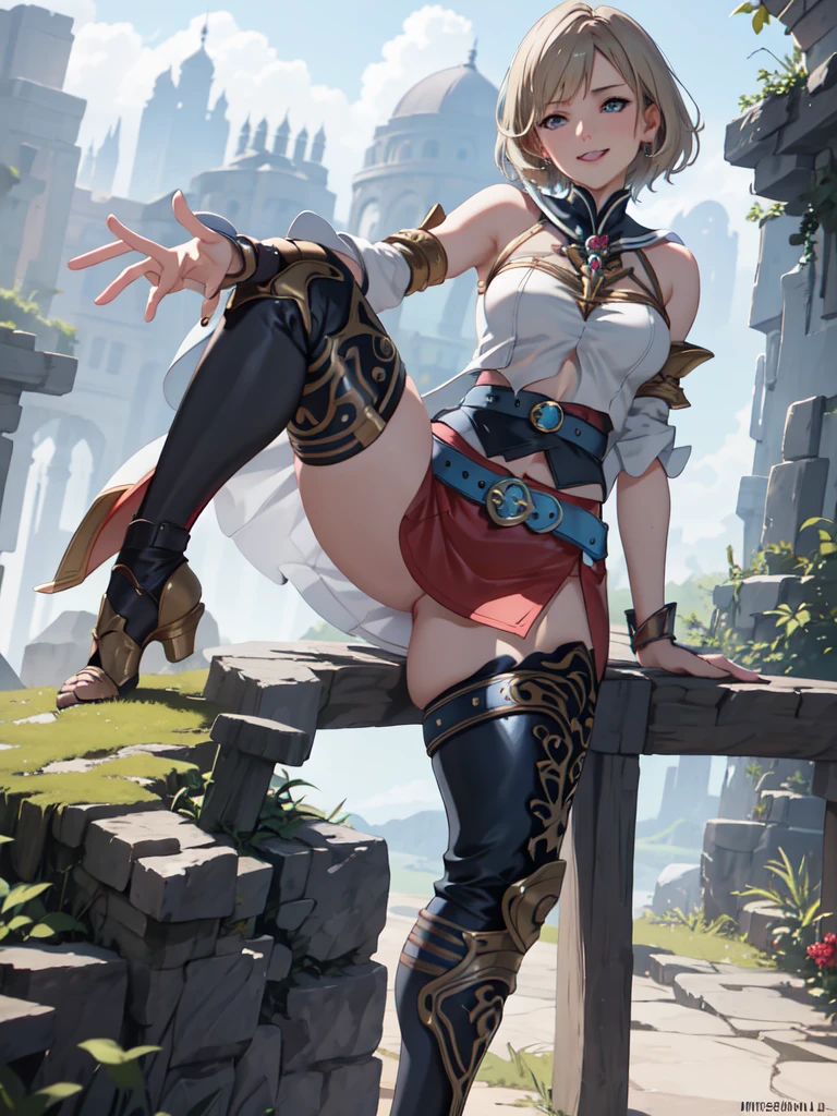 masterpiece, best quality, absurdres, perfect anatomy, (1girl, solo), Ashelia, short hair, AsheliaOutfit, miniskirt, thighhighs, jewelry, belt, standing, cowboy shot, smile, dynamic pose, dynamic angle, outdoors, plains, hills, (sitting, spreading legs by hands), spread crotch