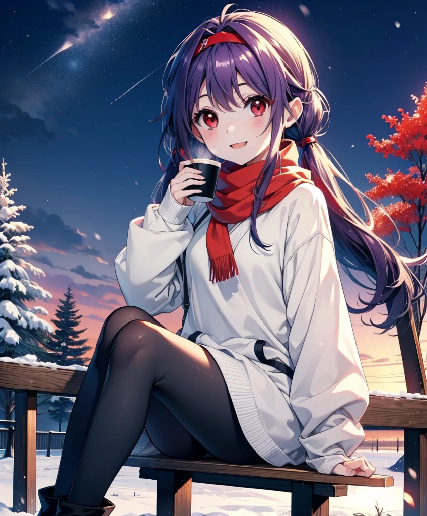 yuukikonno, Konno Yuuki, Long Hair, Pointed Ears, Purple Hair, (Red eyes:1.5), (Small breasts:1.2), Open your mouth,happy smile, smile, Open your mouth,hair band,low twin tail,Red Scarf,Oversized purple hoodie,Long skirt,Black pantyhose,short boots,Holding a paper cup of coffee in both hands,Sitting on a bench,snowが降っている,snowが降り積もっている,snow,snow,snow,snow,snowが積もった木,winter,Cold Sky,night,whole bodyがイラストに入るように,
break looking at viewer,  whole body,
break outdoors, garden,
break (masterpiece:1.2), Highest quality, High resolution, unity 8k wallpaper, (figure:0.8), (Beautiful attention to detail:1.6), Highly detailed face, Perfect lighting, Highly detailed CG, (Perfect hands, Perfect Anatomy),