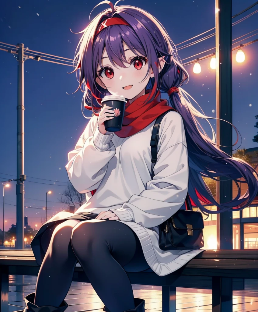 yuukikonno, Konno Yuuki, pelo largo, orejas puntiagudas, cabello purpura, (ojos rojos:1.5), (senos pequeños:1.2), abre la boca,happy sonrisa, sonrisa, abre la boca,banda para el cabello,cola gemela baja,bufanda roja,Sudadera con capucha violeta oversize,Falda larga,pantimedias negras,botas cortas,Sosteniendo una taza de café de papel con ambas manos.,sentado en un banco,nieveが降っている,nieveが降り積もっている,nieve,nieve,nieve,nieve,nieveが積もった木,invierno,cielo frio,Noche,todo el cuerpoがイラストに入るように,
descanso mirando al espectador,  todo el cuerpo,
descansar al aire libre, jardín,
break (obra maestra:1.2), de la máxima calidad, Alta resolución, fondo de pantalla de unidad 8k, (cifra:0.8), (Hermosa atención al detalle:1.6), Cara muy detallada, Iluminación perfecta, CG muy detallado, (manos perfectas, anatomía perfecta),