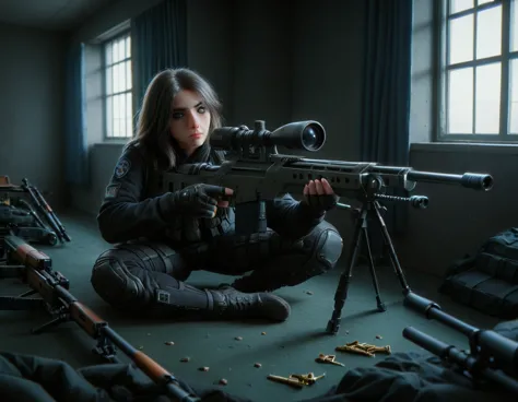Sniper Rifle、(A dark apartment room with closed curtains：１．７５A real sniper in）、(Aim the Barrett M82 sniper rifle at a target thr...
