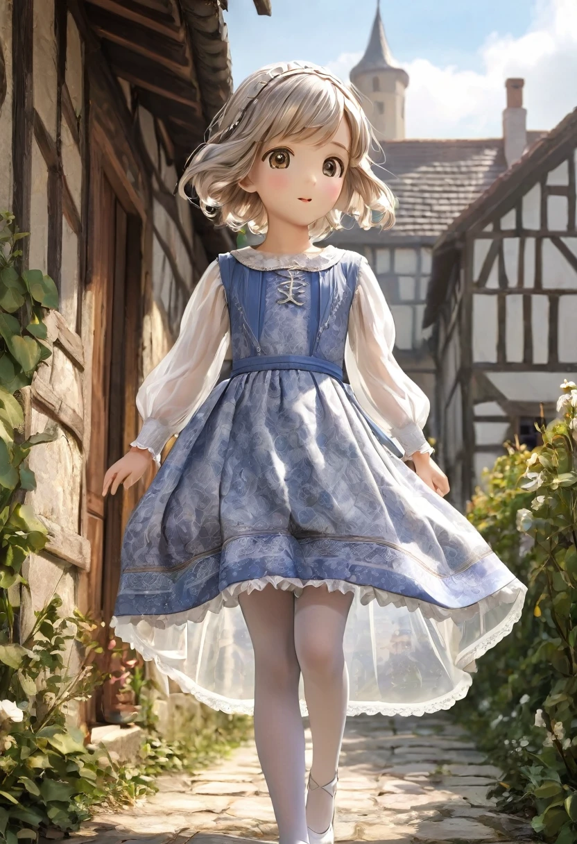 10 year old girl underwear, Realistic bloomers made from patterned cotton fabric, Medieval one-piece dress with panniers, Fabric Realism, Low - Angle, I see bloomers, Pull up the dress by hand, Strong winds, Translucent slip, Translucent slip, tights, Highest quality, Crotch close-up, whole body
