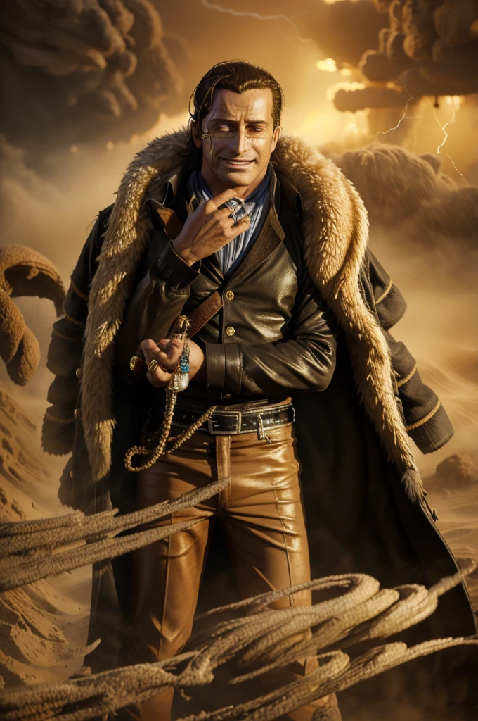 masterpiece, best quality, extremely detailed, hyperrealistic, photorealistic, a cool 40s man, ultra detailed face:1.2, fur-trimmed coat, scarf around the neck, his left hand is a golden pirate hook:1.1, sly smile, in sandstorm
