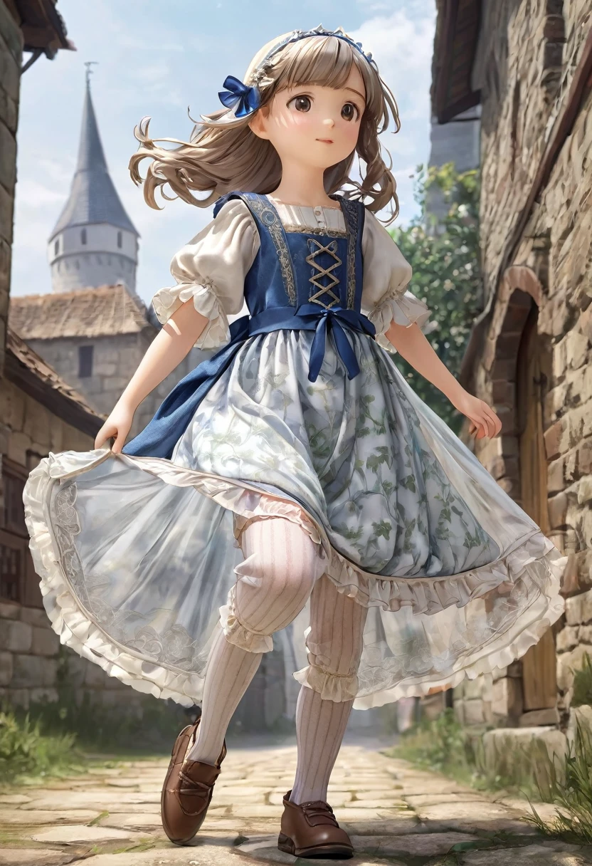 10 year old girl underwear, Realistic bloomers made from patterned cotton fabric, Medieval one-piece dress with panniers, Fabric Realism, Low - Angle, I see bloomers, Pull up the dress by hand, Strong winds, Translucent slip, Translucent slip, tights, Highest quality, Crotch close-up, whole body
