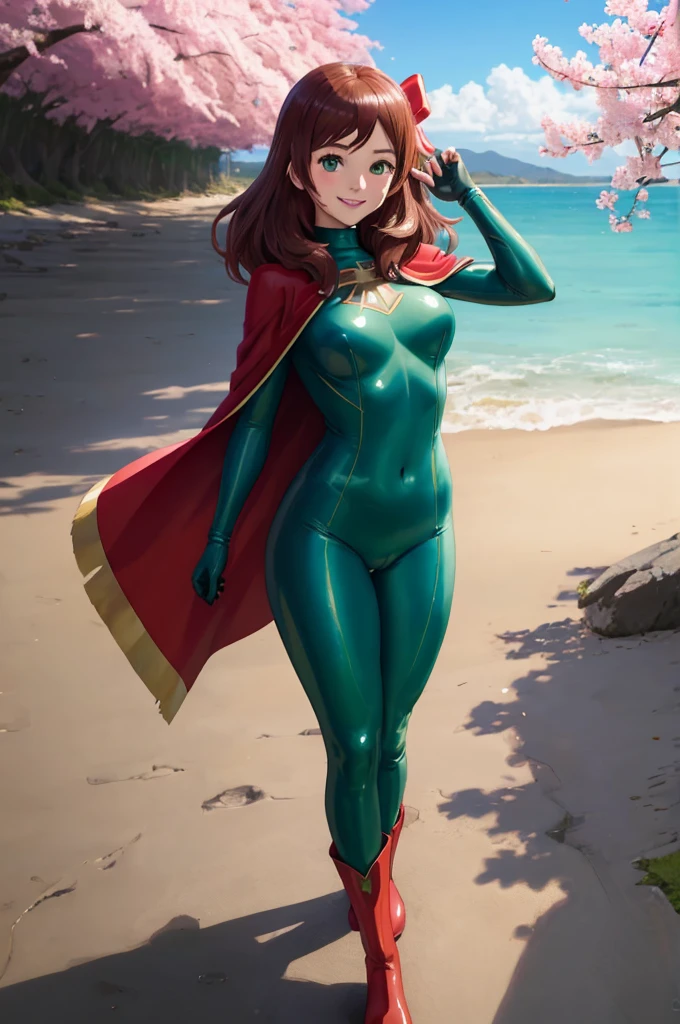 masterpiece, best quality:1.2), 1girl, smile, looking at viewer, green eyes, blue eyes, heterochromia, yuzuriha maimai, sakura minamoto, hair bow, ahoge, brown hair, dressed as superwoman, full bodysuit, green catsuit, red cloak cape, red boots, standing on beach under cherry blossoms