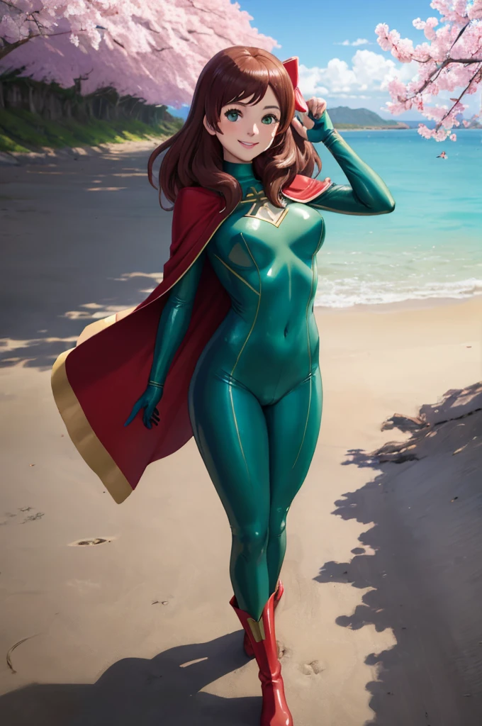 masterpiece, best quality:1.2), 1girl, smile, looking at viewer, green eyes, blue eyes, heterochromia, yuzuriha maimai, sakura minamoto, hair bow, ahoge, brown hair, dressed as superwoman, full bodysuit, green catsuit, red cloak cape, red boots, standing on beach under cherry blossoms