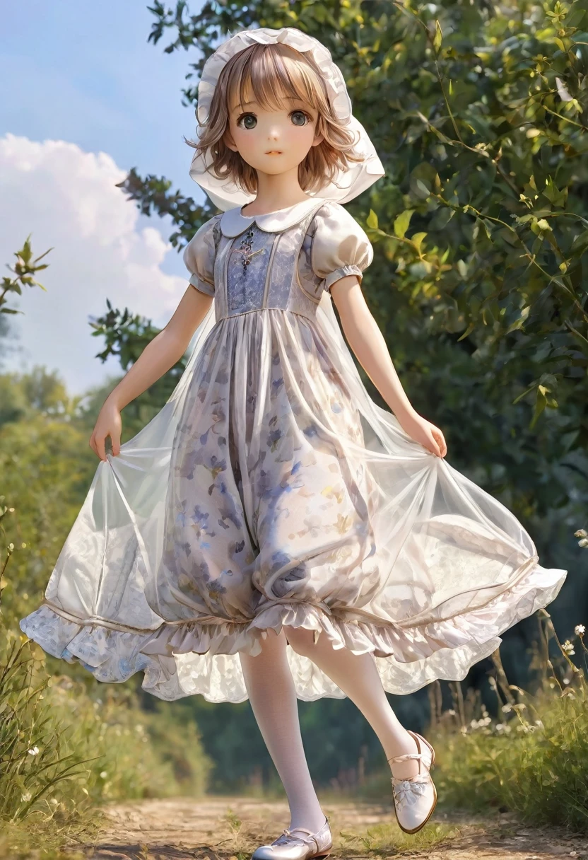 10 year old girl underwear, Realistic bloomers made from patterned cotton fabric, Medieval one-piece dress with panniers, Fabric Realism, Low - Angle, I see bloomers, Pull up the dress by hand, Strong winds, Translucent slip, Translucent slip, tights, Highest quality, Crotch close-up, whole body
