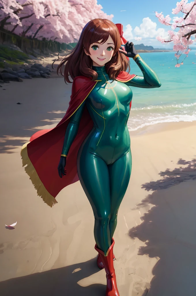 masterpiece, best quality:1.2), 1girl, smile, looking at viewer, green eyes, blue eyes, heterochromia, yuzuriha maimai, sakura minamoto, hair bow, ahoge, brown hair, dressed as superwoman, full bodysuit, green catsuit, red cloak cape, red boots, standing on beach under cherry blossoms