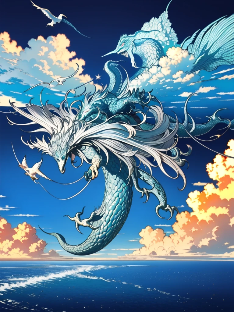 (Highest quality), ((masterpiece)), (Superior), original, Highly detailed CG Unity 8k wallpaper,
Blue is the main color,from the sea and dragons flying up through the clouds
 