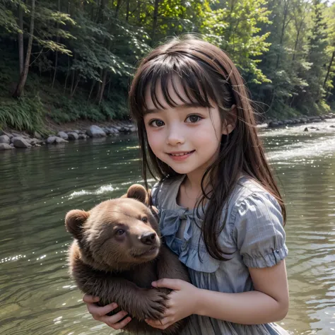 (highest quality), a girl about 11 years old, smiling kindly, in the woods, river side, hut, girl in a short grey dress, ancient...