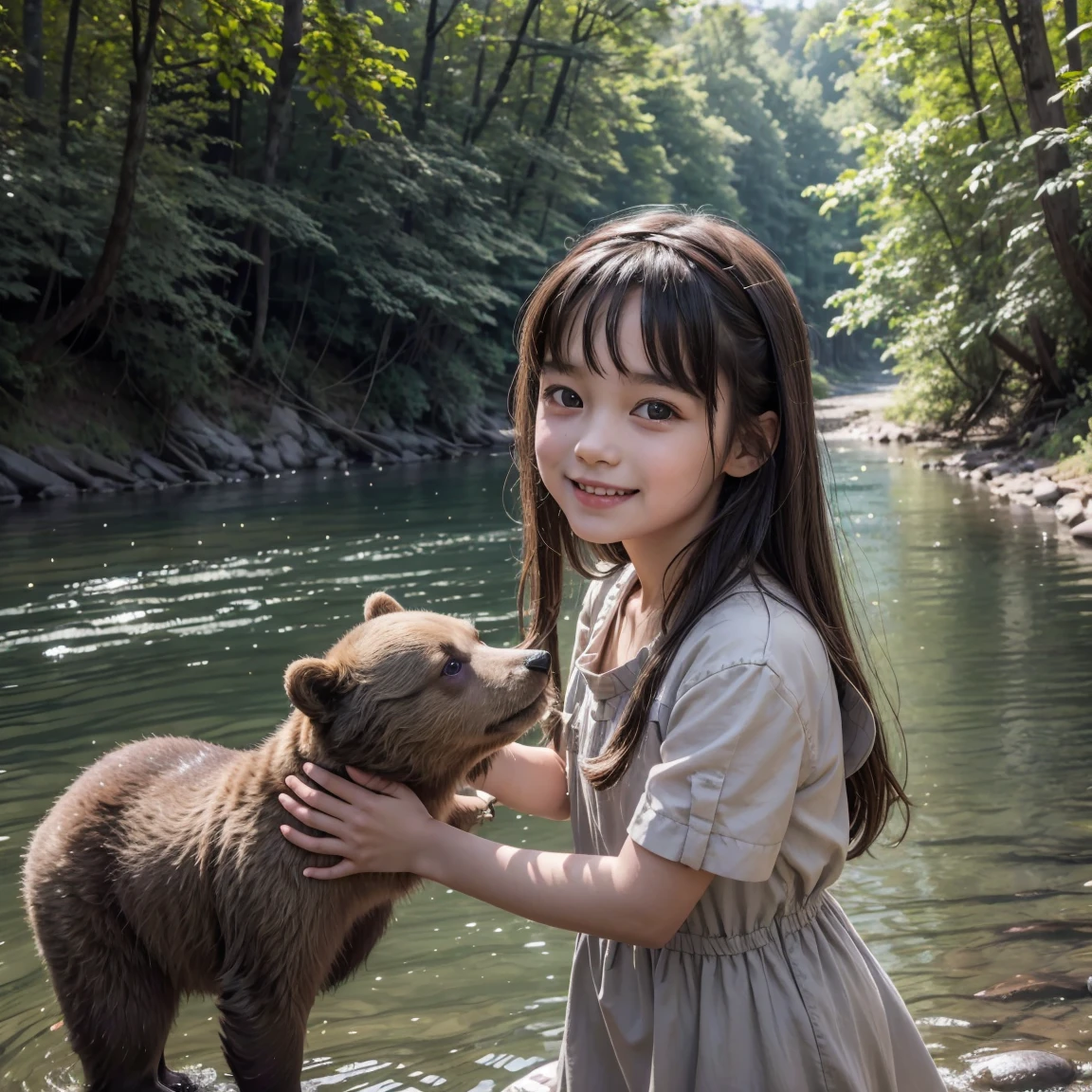 (Highest quality), A girl about 11 years old, Smiling Kindly, In the woods, River side, Hut, Girl in a short grey dress, Ancient style, There are two live bear cubs on the shore., noon, Beautiful Landscape, No headgear, Girl playing with live bear cub