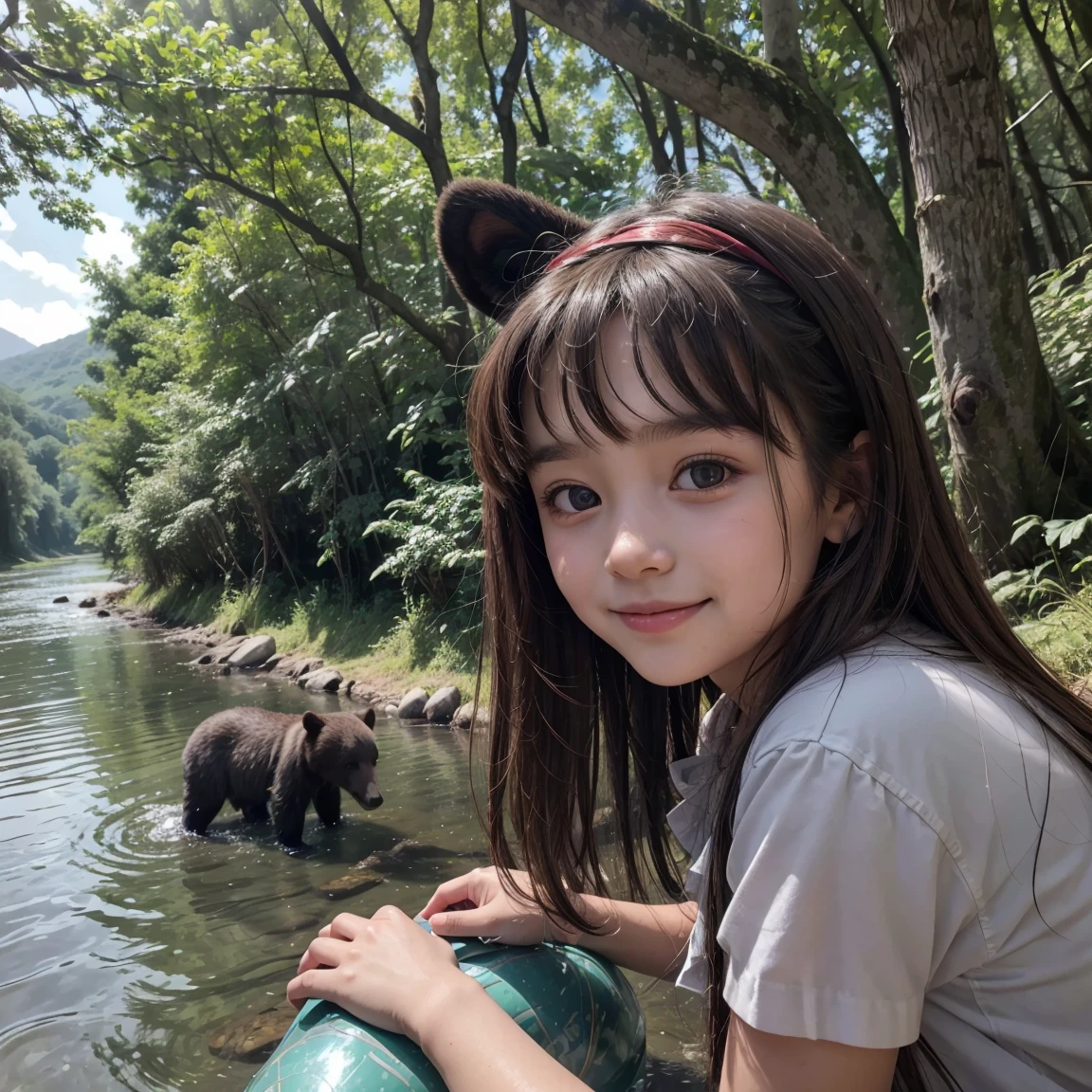 (Highest quality), A girl about 11 years old, Smiling Kindly, In the woods, River side, Hut, Girl in a short grey dress, Ancient style, There are two live bear cubs on the shore., noon, Beautiful Landscape, No headgear, Girl playing with live bear cub