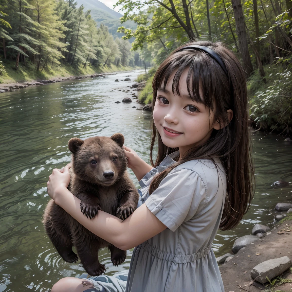 (Highest quality), A girl about 11 years old, Smiling Kindly, In the woods, River side, Hut, Girl in a short grey dress, Ancient style, There are two live bear cubs on the shore., noon, Beautiful Landscape, No headgear, Girl playing with live bear cub